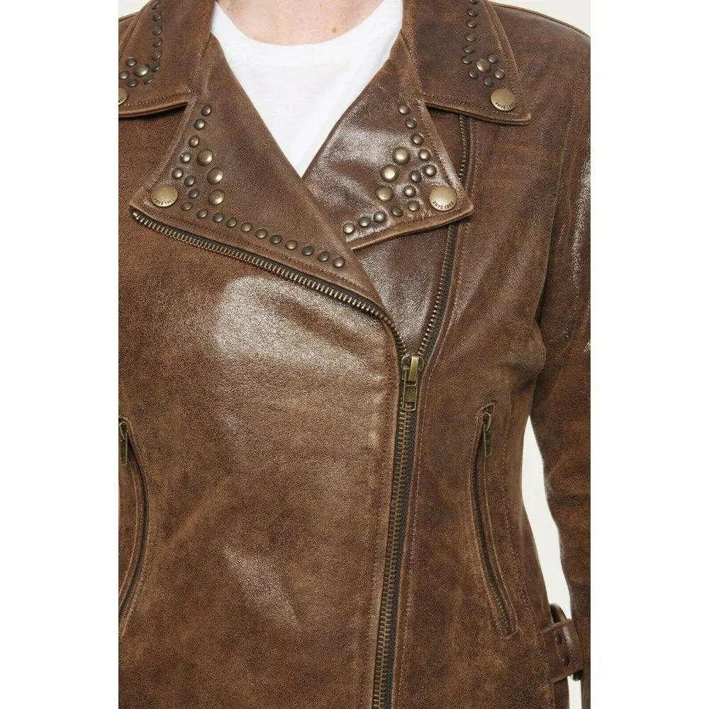 Frye Sz. S Lamb Leather Biker Stud Brown Jacket Zip Sleeves Interior Pocket NEW